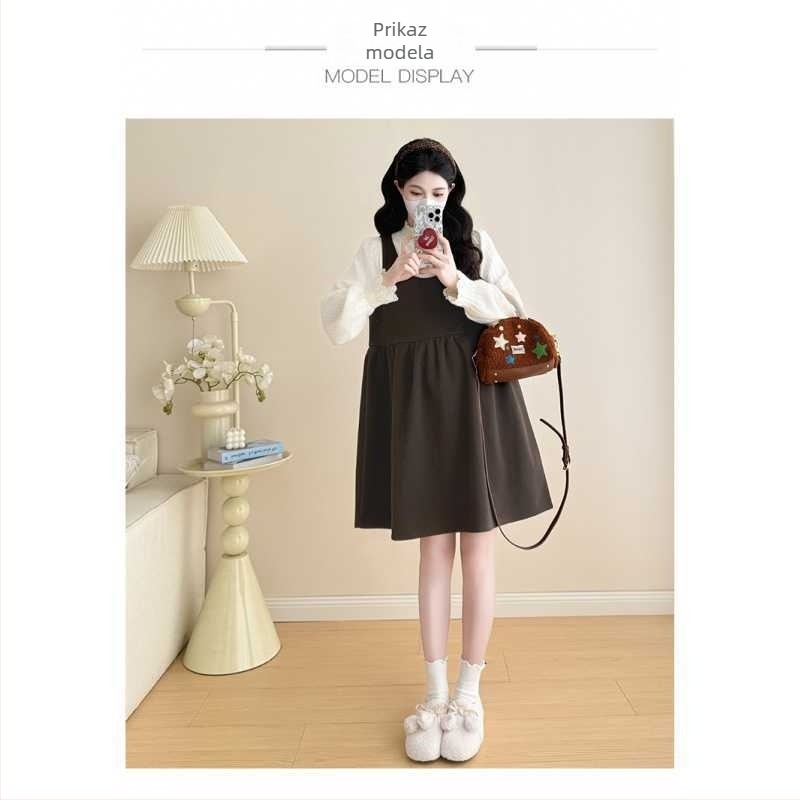 Dvoodijelni set za trudnice: top s čipkom i volanima, ovratnik lotosova lista, rukavi 3/4, nesimetrična trudnička suknja, zima