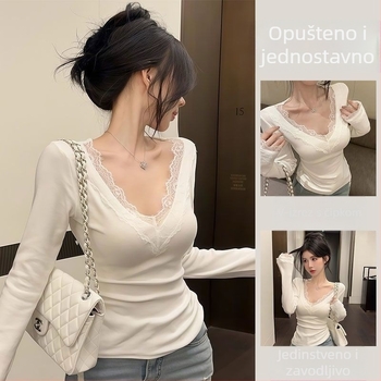 Majica s čipkastim rubom i German Velvet materijalom, dugi rukavi, V-izrez, uski kroj