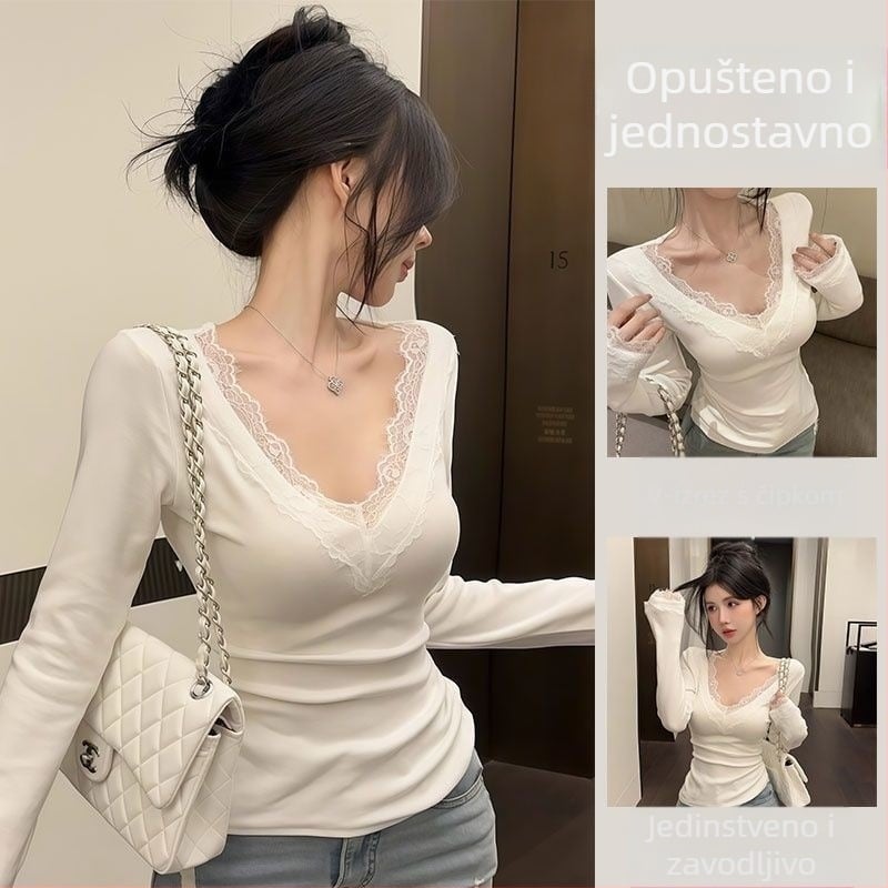 Majica s čipkastim rubom i German Velvet materijalom, dugi rukavi, V-izrez, uski kroj