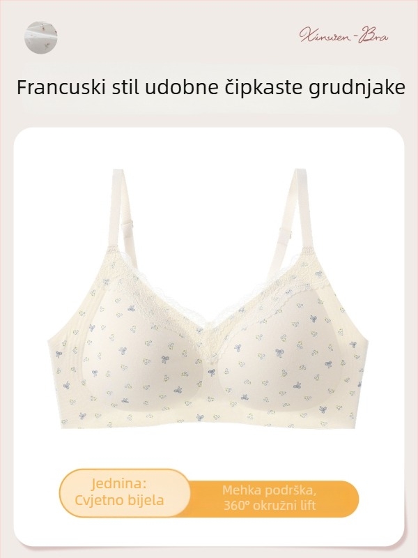 Bešiv set grudnjaka s čipkastim cvjetnim uzorkom, 3/4 košarica, čista pamuk s elastanom, podizanje i skupljanje, stražnje tri redova kukica, fiksne dvostruke naramenice