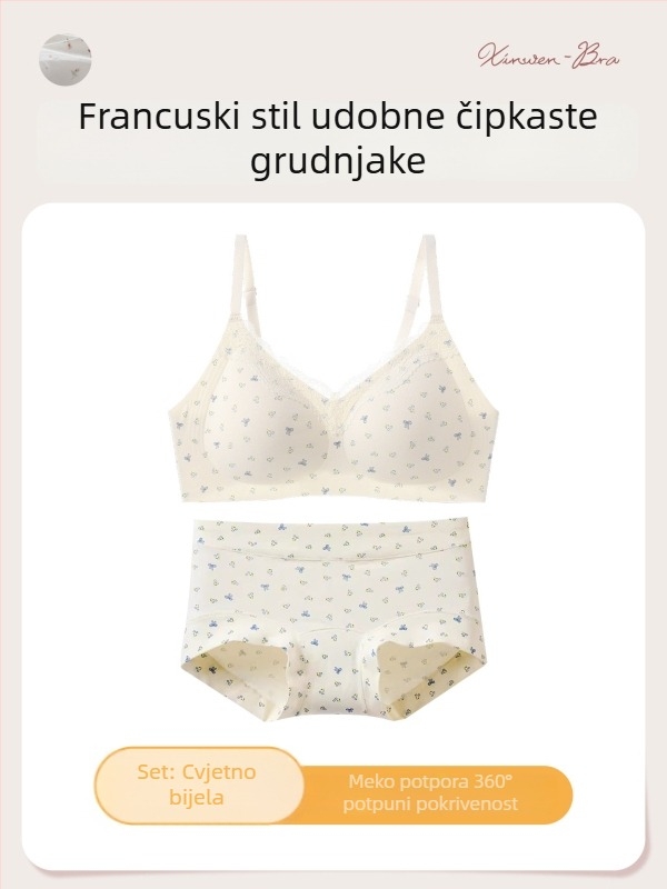 Bešiv set grudnjaka s čipkastim cvjetnim uzorkom, 3/4 košarica, čista pamuk s elastanom, podizanje i skupljanje, stražnje tri redova kukica, fiksne dvostruke naramenice