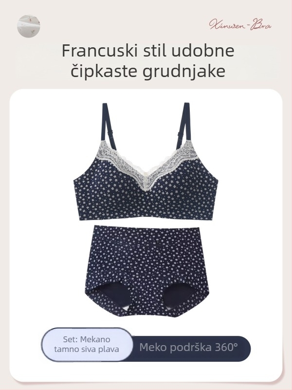 Bešiv set grudnjaka s čipkastim cvjetnim uzorkom, 3/4 košarica, čista pamuk s elastanom, podizanje i skupljanje, stražnje tri redova kukica, fiksne dvostruke naramenice