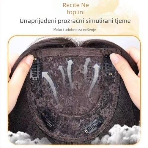 Perika za vrh glave od jednog dijela, prirodan stil, svila kosa, nagnute šiške, mehanička obrada