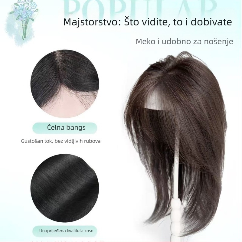 Perika za vrh glave od jednog dijela, prirodan stil, svila kosa, nagnute šiške, mehanička obrada