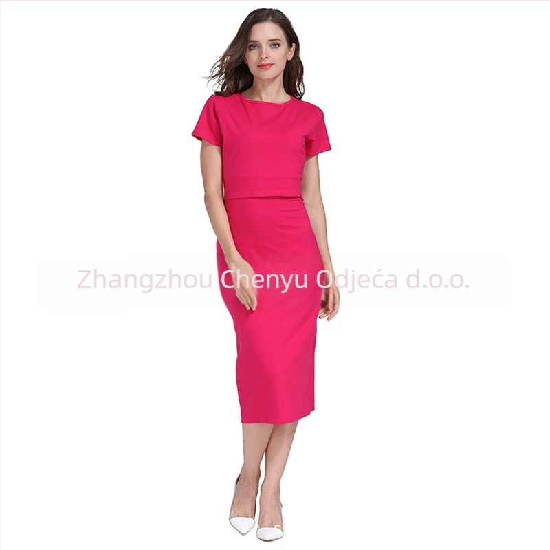 Haljina za trudnice s otvorom za dojenje, visokim strukom, midi duljina, jednobojna pamuk 95%