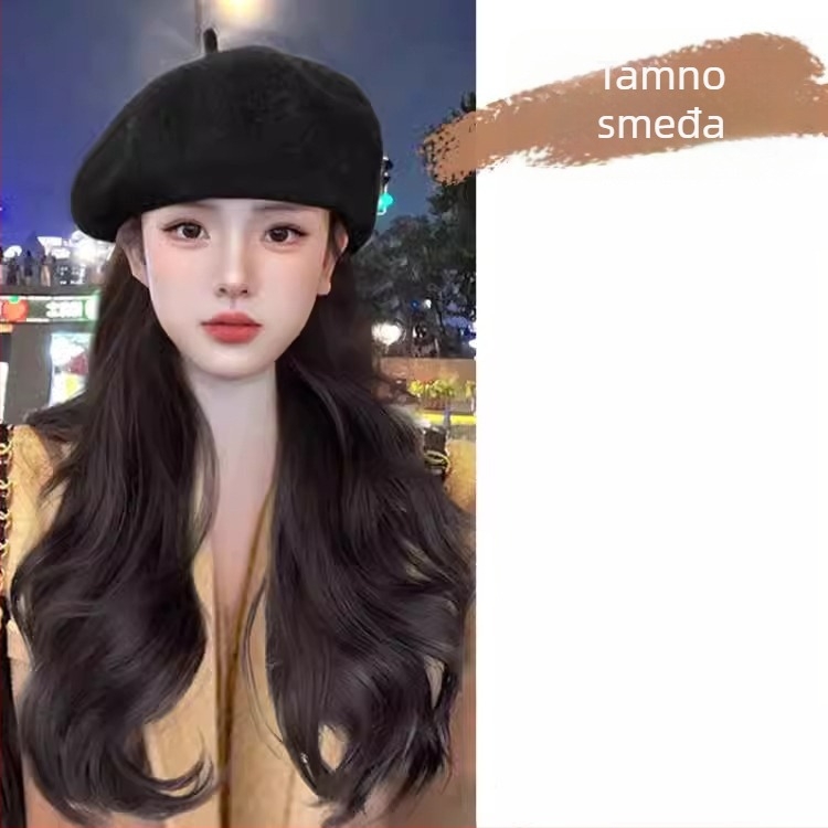 Otklonjiva beret-paruka za žene, duga kosa kovrčava, korejski stil, vlakna otporna na toplinu
