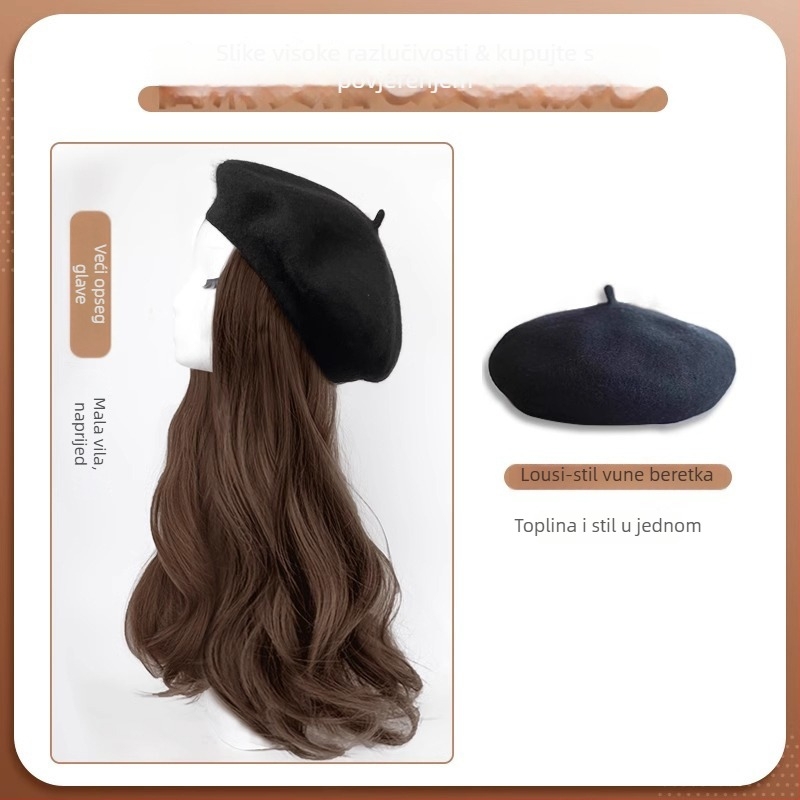 Otklonjiva beret-paruka za žene, duga kosa kovrčava, korejski stil, vlakna otporna na toplinu