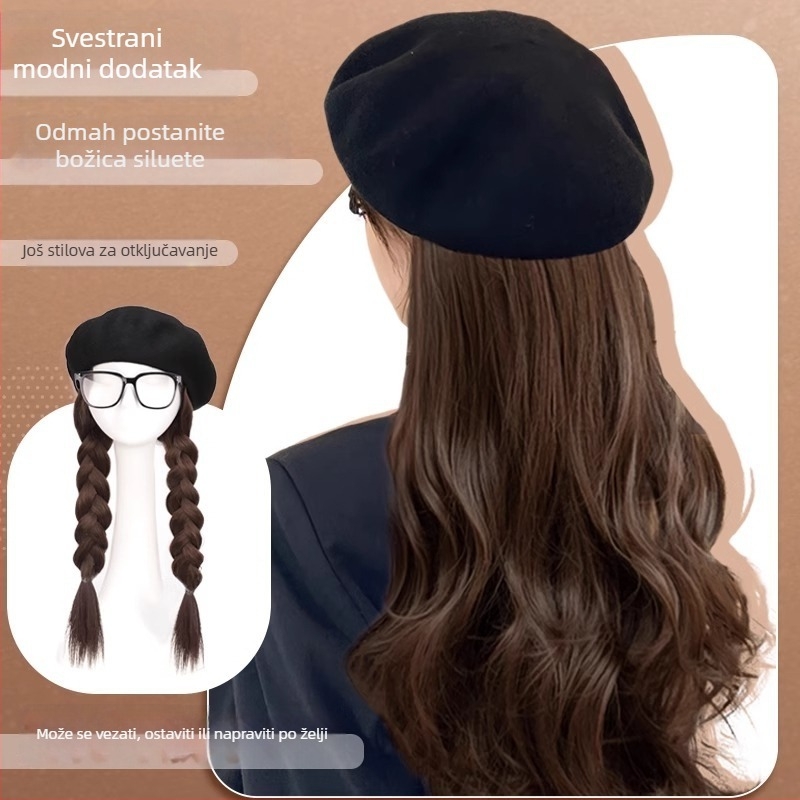Otklonjiva beret-paruka za žene, duga kosa kovrčava, korejski stil, vlakna otporna na toplinu