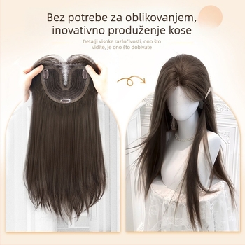 Ženska perika s dugom kosom, ručno pletena čipkasta baza, nevidljivi dio, polu-ručno pletena, vlakna od proteina svile/flange svila, prirodni stil, duga ravna kosa s pramenom