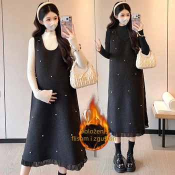 Trudnička patchwork midi haljina s okruglim izrezom i dugim rukavima, mješavina akrila, poliestera i spandexa (<30% spandeks), japansko-korejski casual stil