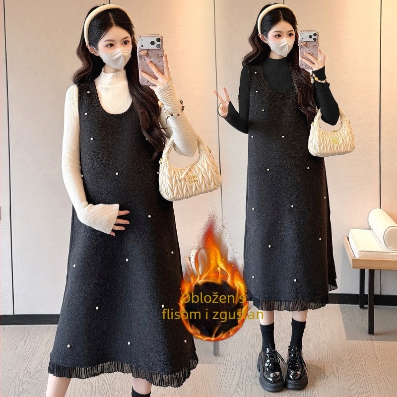 Trudnička patchwork midi haljina s okruglim izrezom i dugim rukavima, mješavina akrila, poliestera i spandexa (<30% spandeks), japansko-korejski casual stil