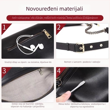 Torba za ramena od prave kože s dvostrukim slojem goveđe kože, zatvarač, unutarnji džep sa zatvaračem, poliester podstava