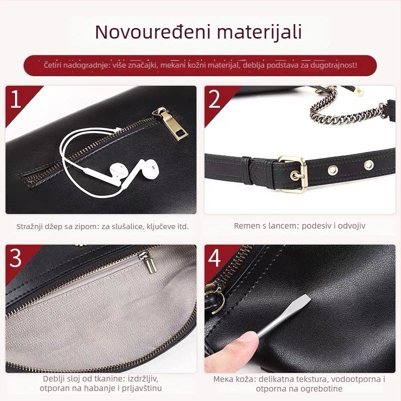 Torba za ramena od prave kože s dvostrukim slojem goveđe kože, zatvarač, unutarnji džep sa zatvaračem, poliester podstava