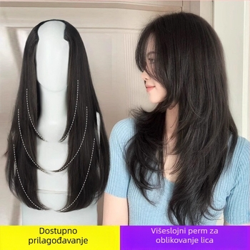 Perika od dugih kovrča, Layer Buckle model, vlakno otporno na visoku temperaturu, prirodan stil, promjena oblika