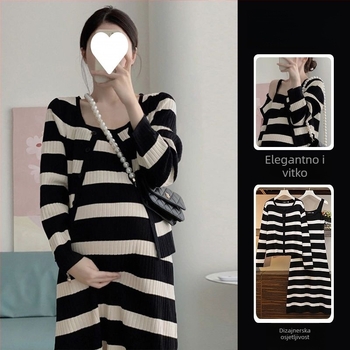 Kostim za trudnice s prugastim pletenim, dugi rukav, midi suknja, poliester, jesensko-zimski stil