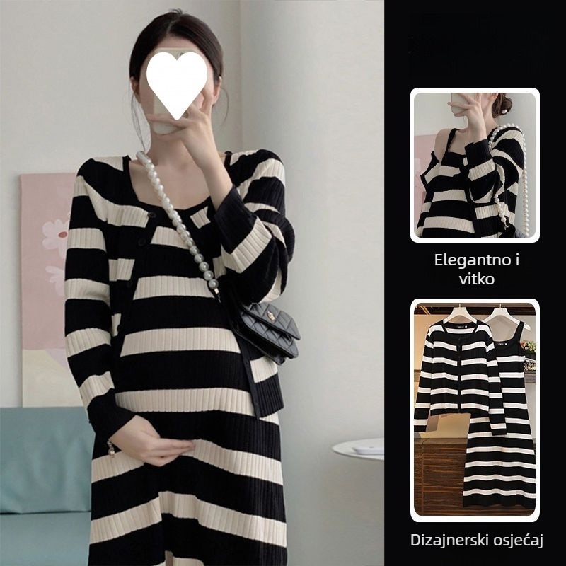 Kostim za trudnice s prugastim pletenim, dugi rukav, midi suknja, poliester, jesensko-zimski stil