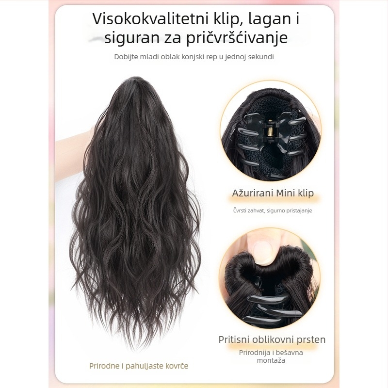 Perika s konjskom repom za žene, clip-in, kratki stil, visoki rep, kovrčava, prirodan volumen, vlakna otporna na visoke temperature