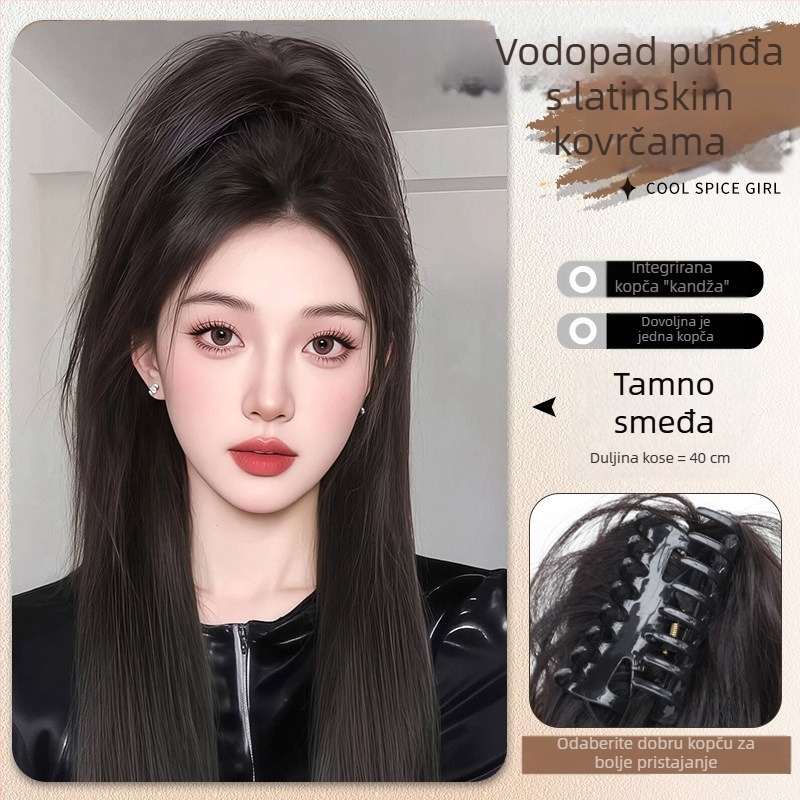 Klip-in ekstenzija za rep, ravni stil, ručna izrada, materijal kose: visoko temperirana svila, model Latin Curly Ponytail