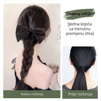 Clip-on perika Bow dizajnom, visok rep, pleteni rep, ručna izrada, toplinski otporna sintetička vlakna
