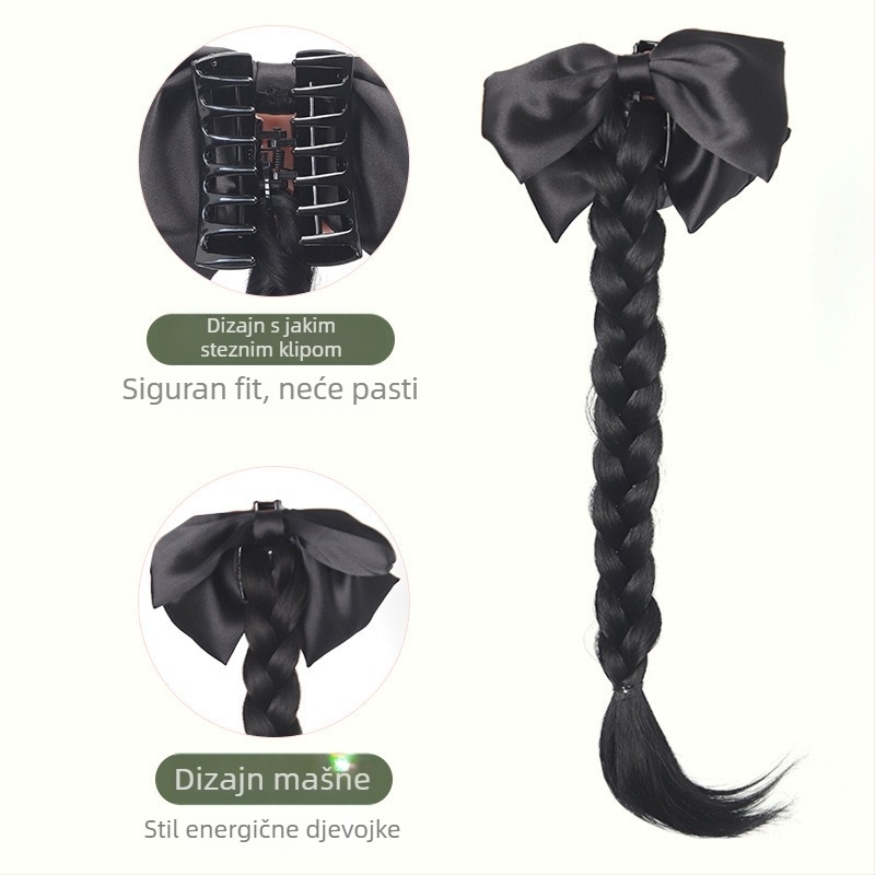 Clip-on perika Bow dizajnom, visok rep, pleteni rep, ručna izrada, toplinski otporna sintetička vlakna