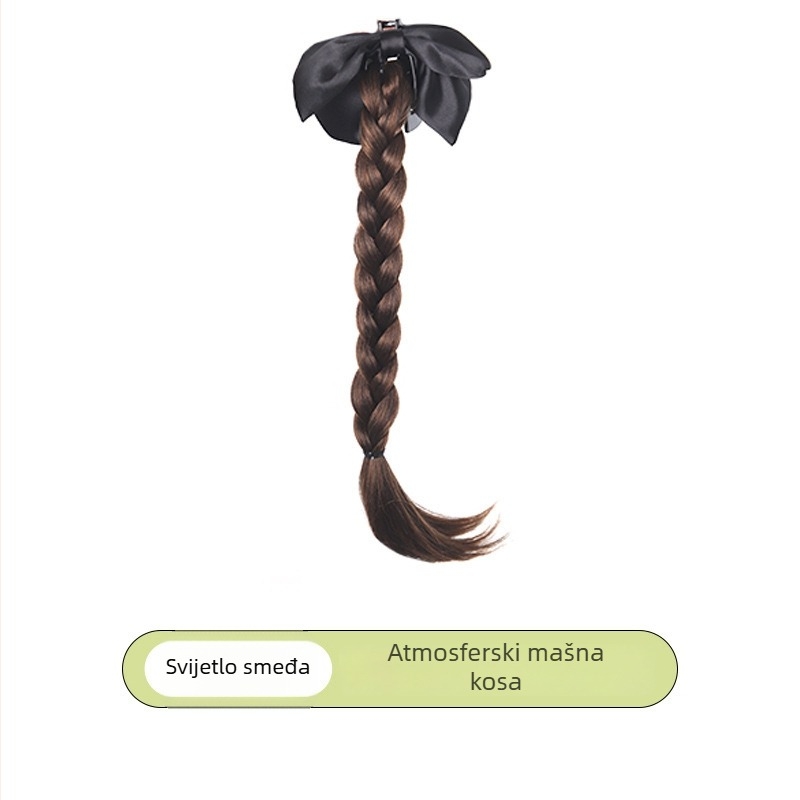 Clip-on perika Bow dizajnom, visok rep, pleteni rep, ručna izrada, toplinski otporna sintetička vlakna