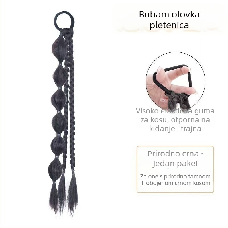 Perika s repom, dvostruka bubble pletenica, sintetička kosa, toplinski otporna žica, mehanička konstrukcija, nije bojana niti kovrčava