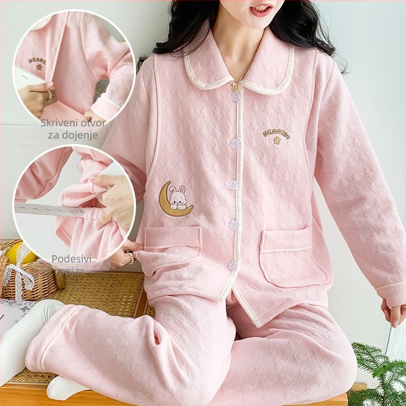 Pidžama set za trudnice od Air Cotton materijala, otisak zeca, otvor za dojenje, dugi rukavi, hlače