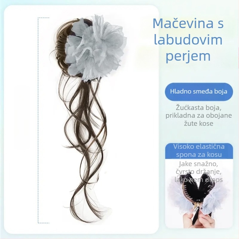 Perika s repom za žene, bočni rep s klipom, ukrašena perom i cvijetom Swan Lake, ručno pletena, vlakna otporna na toplinu, nije bojana