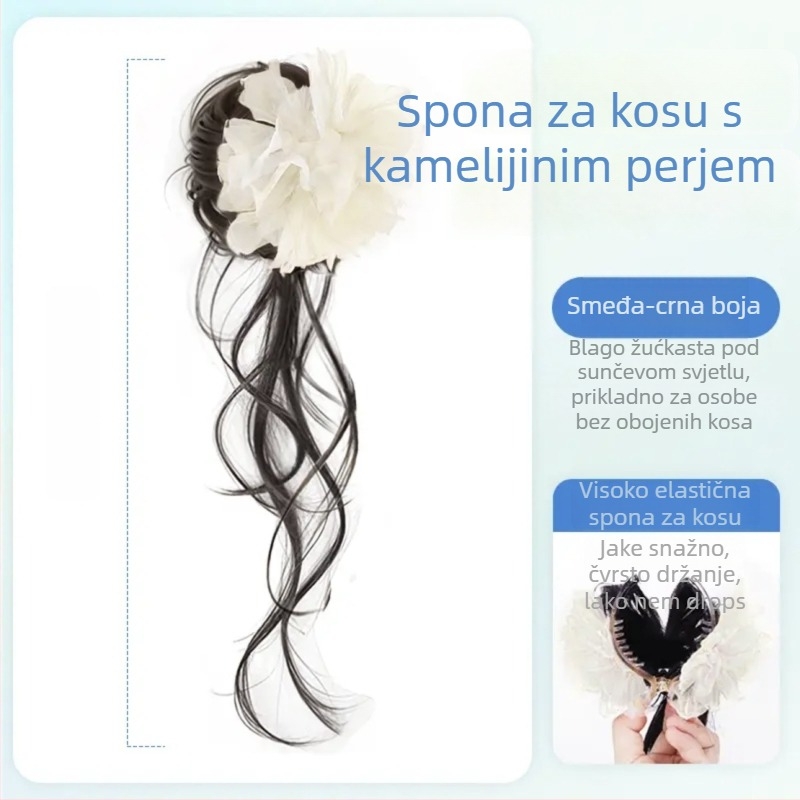 Perika s repom za žene, bočni rep s klipom, ukrašena perom i cvijetom Swan Lake, ručno pletena, vlakna otporna na toplinu, nije bojana