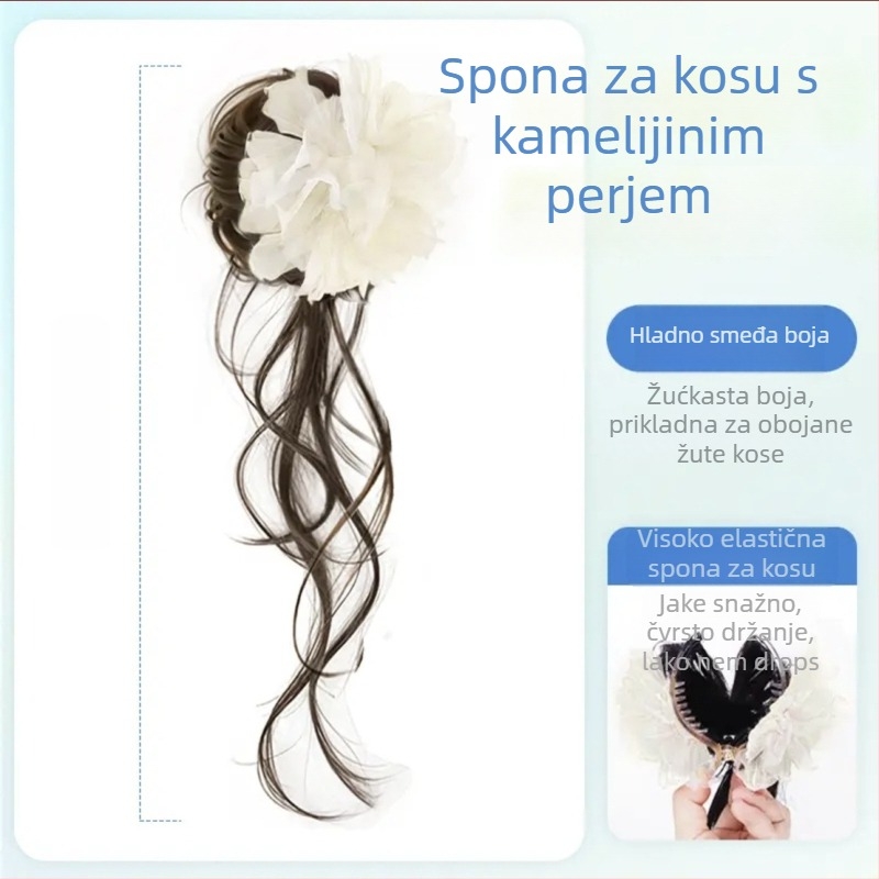 Perika s repom za žene, bočni rep s klipom, ukrašena perom i cvijetom Swan Lake, ručno pletena, vlakna otporna na toplinu, nije bojana