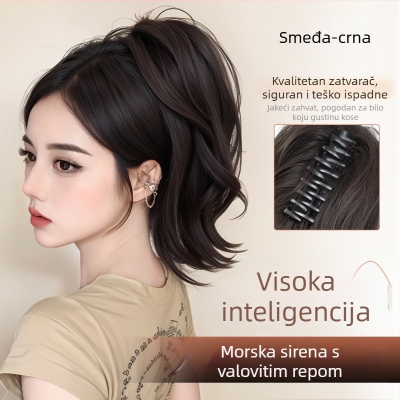 Perika s repom i klipsom za kosu, kovrče sirene, kratka rep, visoka kruna, vlak otporan na toplinu