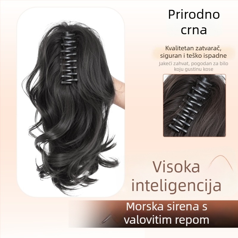 Perika s repom i klipsom za kosu, kovrče sirene, kratka rep, visoka kruna, vlak otporan na toplinu