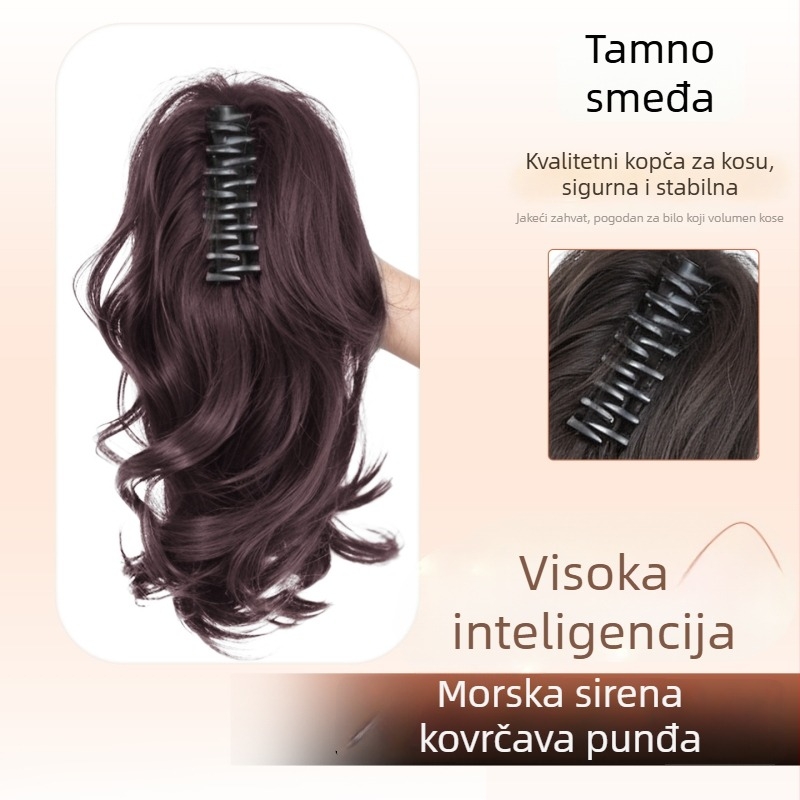 Perika s repom i klipsom za kosu, kovrče sirene, kratka rep, visoka kruna, vlak otporan na toplinu