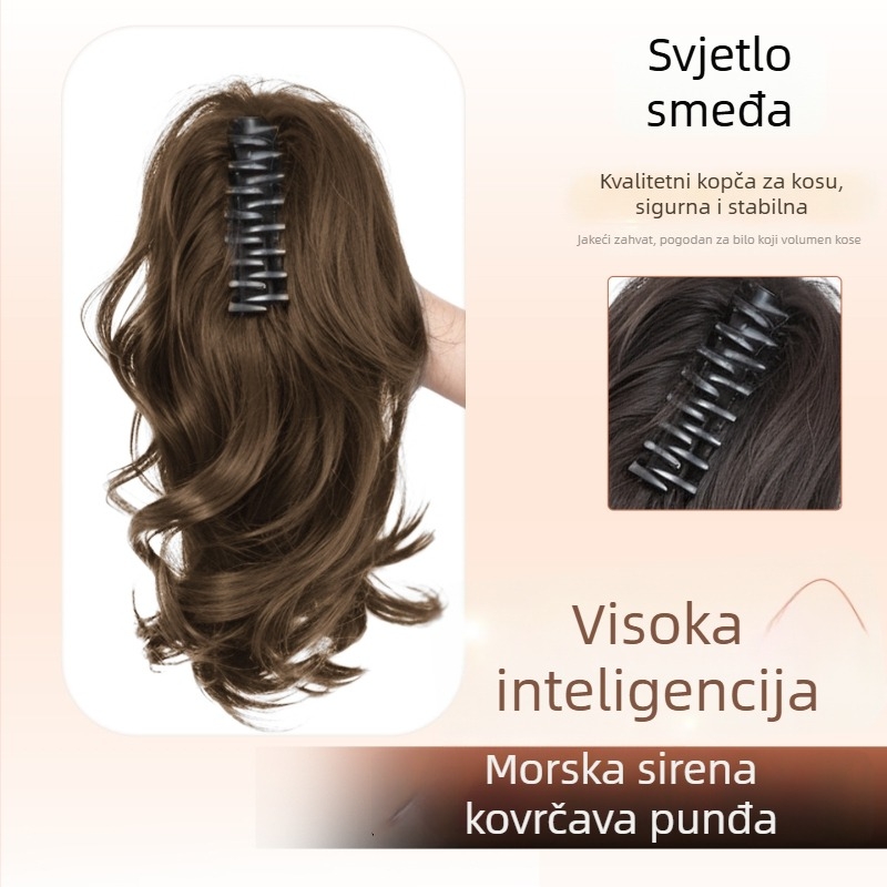 Perika s repom i klipsom za kosu, kovrče sirene, kratka rep, visoka kruna, vlak otporan na toplinu