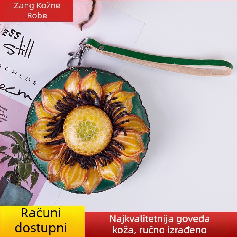 Kružna mini torbica s motivom suncokreta, od prave kože, 1 preklopni novčanik, cvjetni uzorak