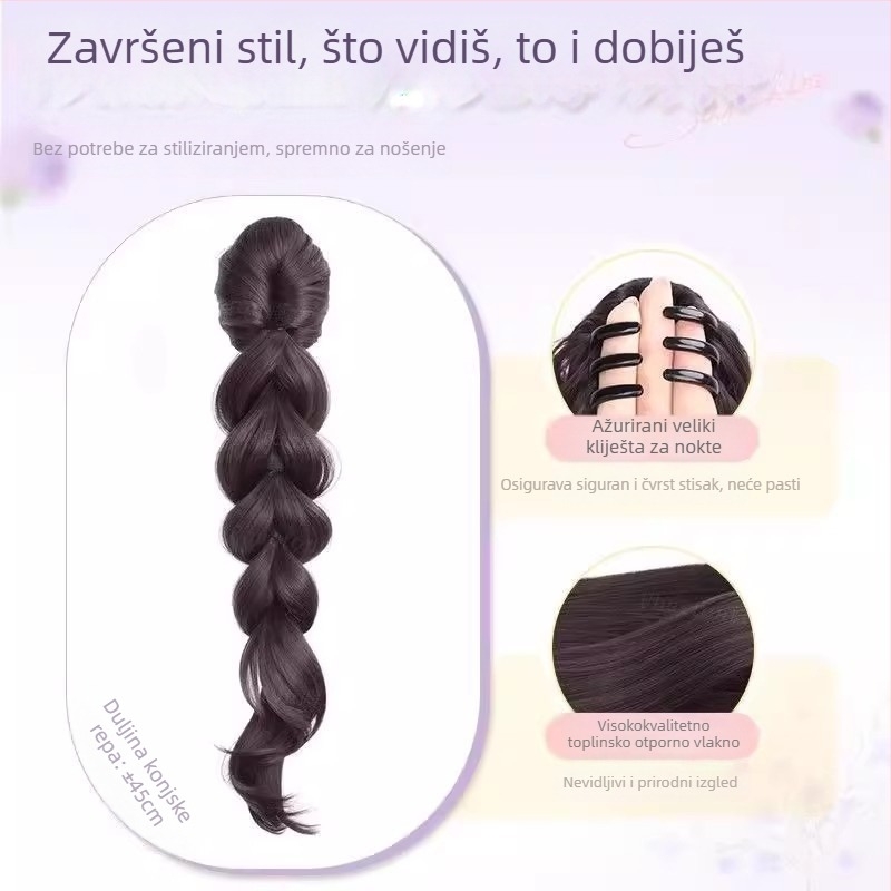 Perika s pletenicama i repom – duge pletenice u princeskom stilu s bangs, vlakno otporno na visoku temperaturu, nije dopušteno bojanje ili perm, pogodno za sve tonove kože i oblike lica