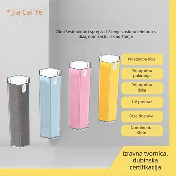 Set za čišćenje zaslona pametnog telefona s šesterokutnim dizajnom, model JCY-425, težina 58,5 g, s integriranom bočicom spreja i spremnikom za maramice.