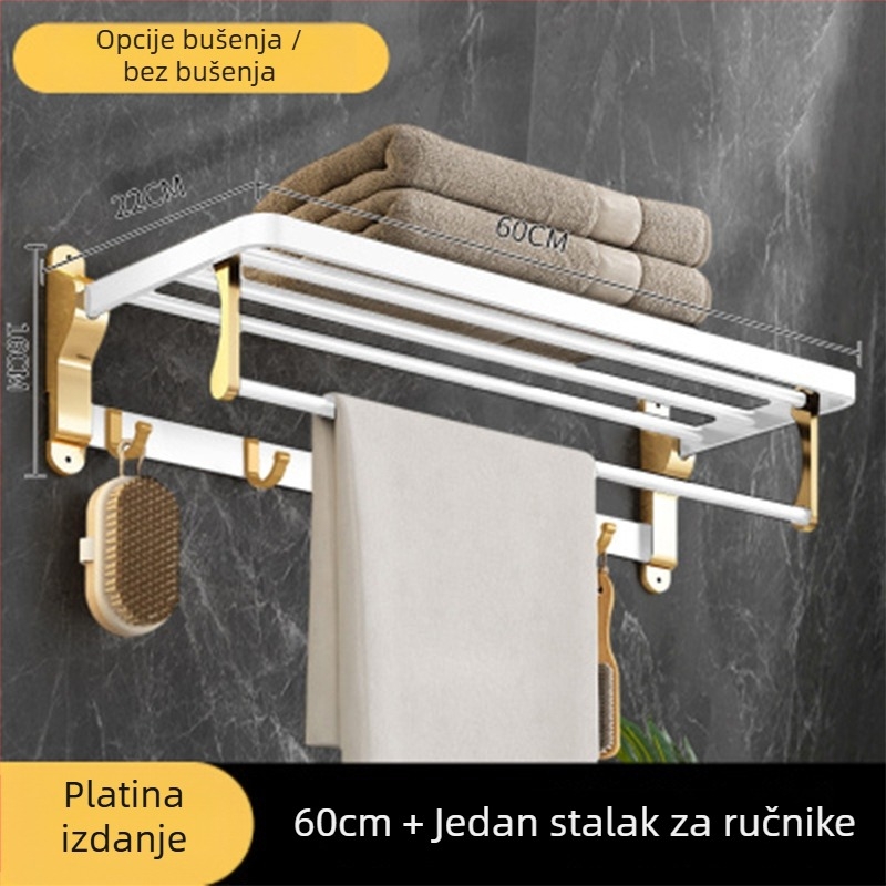 Držač ručnika za kupaonicu, sklapan, bez bušenja, aluminijska legura s platinskim završetkom, 2 sloja