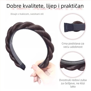 Ženska perika s pletenim u punđu i trakom za glavu, stil francuske princeze, tkanina, vlakno otporno na visoke temperature, može se bojiti ili uviti
