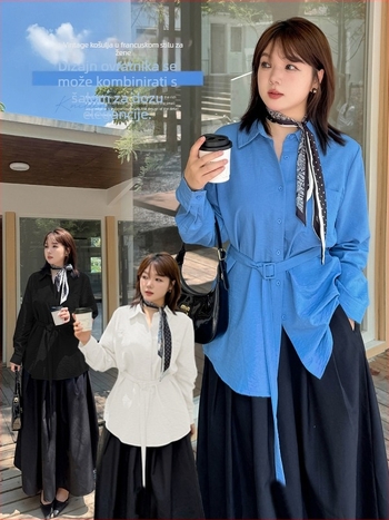 Ženski top u francuskom stilu vintage s pojasom u struku, pamuk s osjećajem velura i elastičnošću u četiri smjera, ovratnik košulje, dugi rukav, jesen 2025