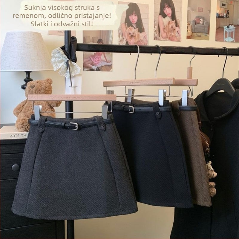 Mini suknja od vunene smjese s elastanom, visoki pojas, A-linija, elegantan ženski stil, za jesen-zimu 2025, pogodna za svakodnevnu vožnju na posao