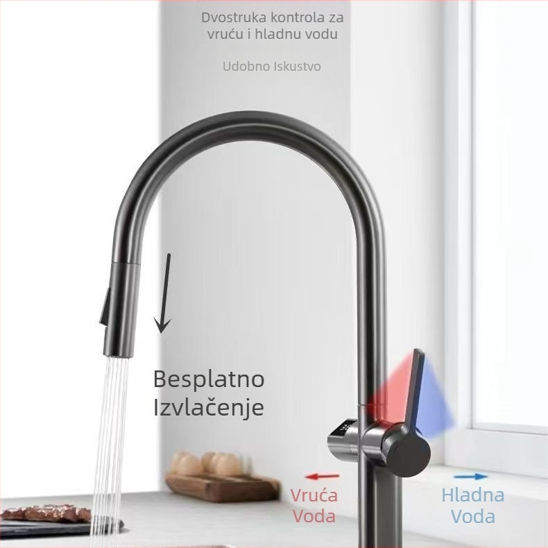 Kuhinjska slavina s izvučnim vratom, bakreno tijelo, keramički ventil, brušeni završetak, indukcijska funkcija