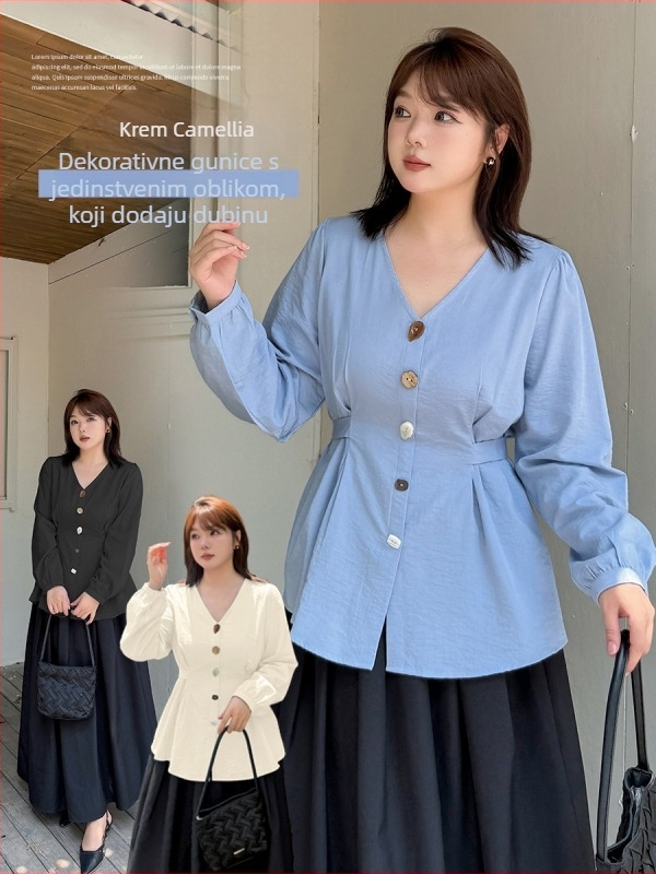 Ženska košulja s dugim rukavima i V-izrezom, pamukasta tkanina, jesen 2025