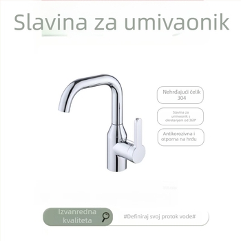 Umivaonski miješalica s toplom i hladnom vodom, 304 nehrđajući čelik, 360° okret, montaža iznad ploče, keramički disk ventil