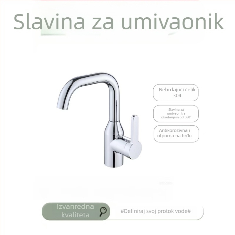 Umivaonski miješalica s toplom i hladnom vodom, 304 nehrđajući čelik, 360° okret, montaža iznad ploče, keramički disk ventil