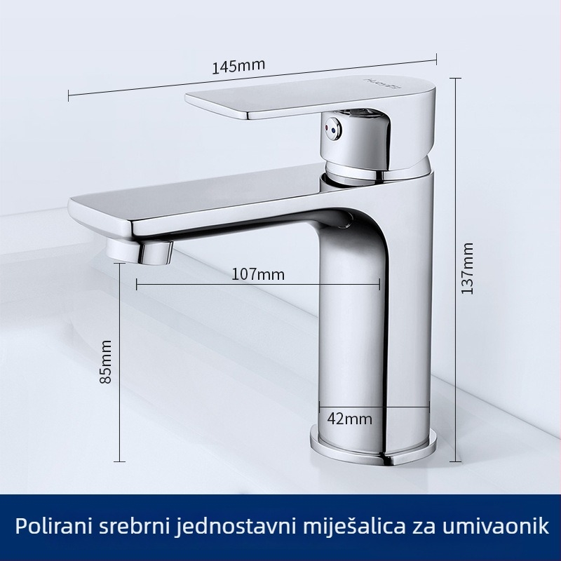 Huayi slavina za umivaonik u kupaonici, mesing tijelo, topla i hladna voda, montaža na jedan otvor, keramički disk ventila, elektropolirana površina