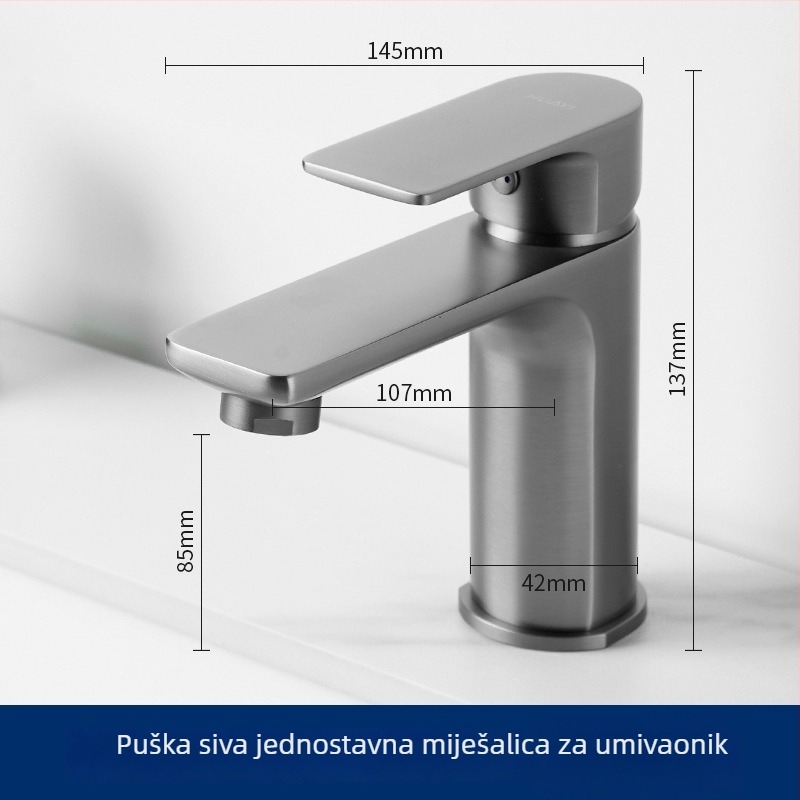 Huayi slavina za umivaonik u kupaonici, mesing tijelo, topla i hladna voda, montaža na jedan otvor, keramički disk ventila, elektropolirana površina
