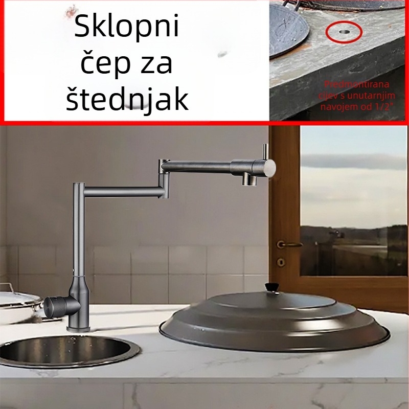 Kuhinjska slavina od nehrđajućeg čelika 304, model DBER-0108, keramičko jezgro ventila, nazivni tlak 0,7–1,6 MPa, radna temperatura 0–90°C