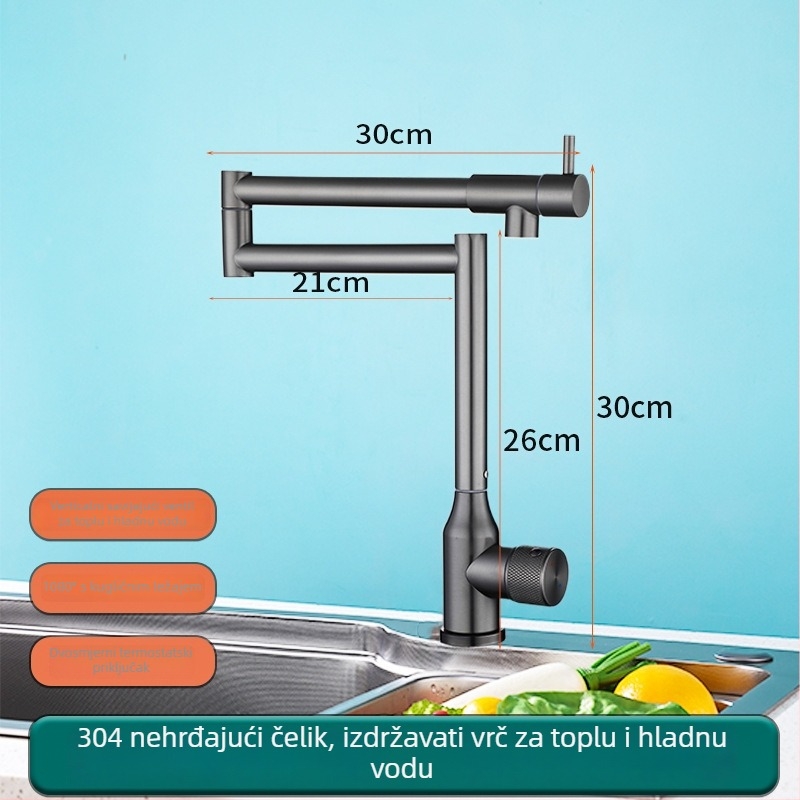 Kuhinjska slavina od nehrđajućeg čelika 304, model DBER-0108, keramičko jezgro ventila, nazivni tlak 0,7–1,6 MPa, radna temperatura 0–90°C
