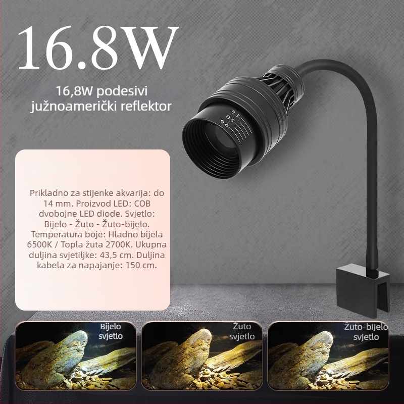 LED klipsa svjetlo za akvarij - aluminijska legura, 5W, tajmer, podesivi fokus, trobojno svjetlo s podešavanjem